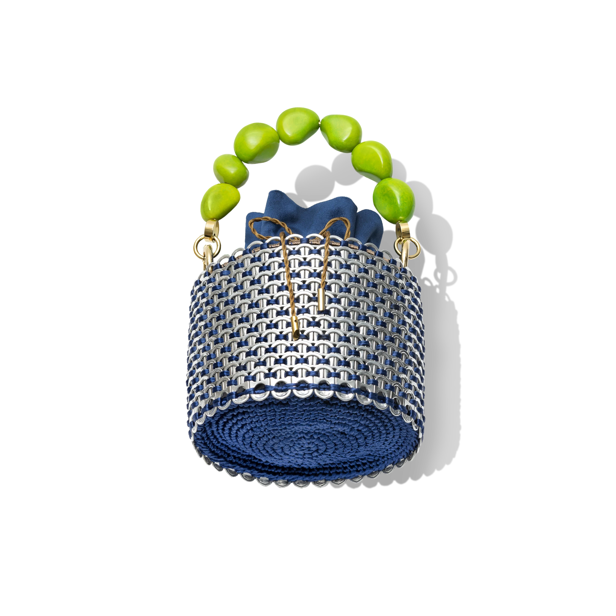Back view of the Leonard Bucket Bag highlighting the structural beaded handle in lime tones and the seamless navy mesh base.