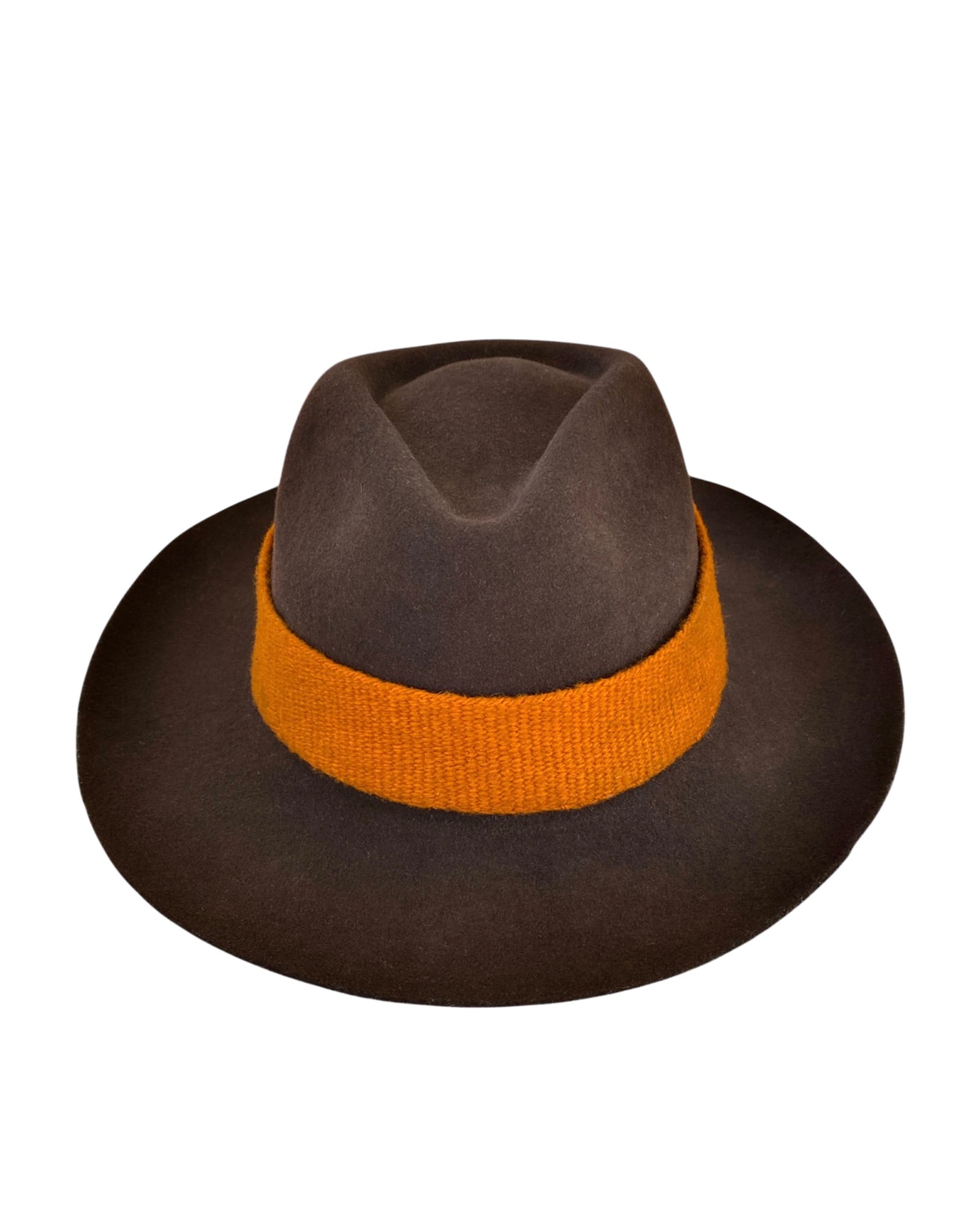 Sequoia brown wool-felt fedora hat with a wide brim and classic pinched crown, detailed with a bold burnt orange woven band—front view on a white background.