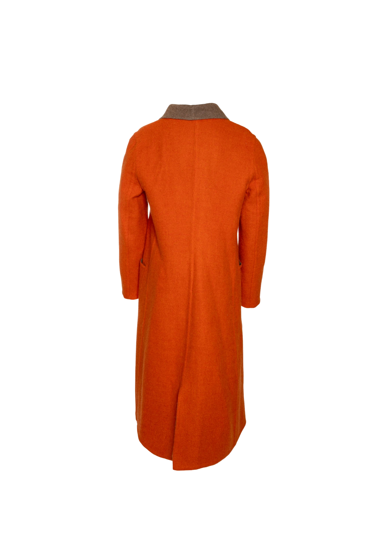 Rear detail of the Agnes Revers Coat in vibrant orange, styled in Melbourne, Australia – distinctive tailoring in natural wool by My Paloma.