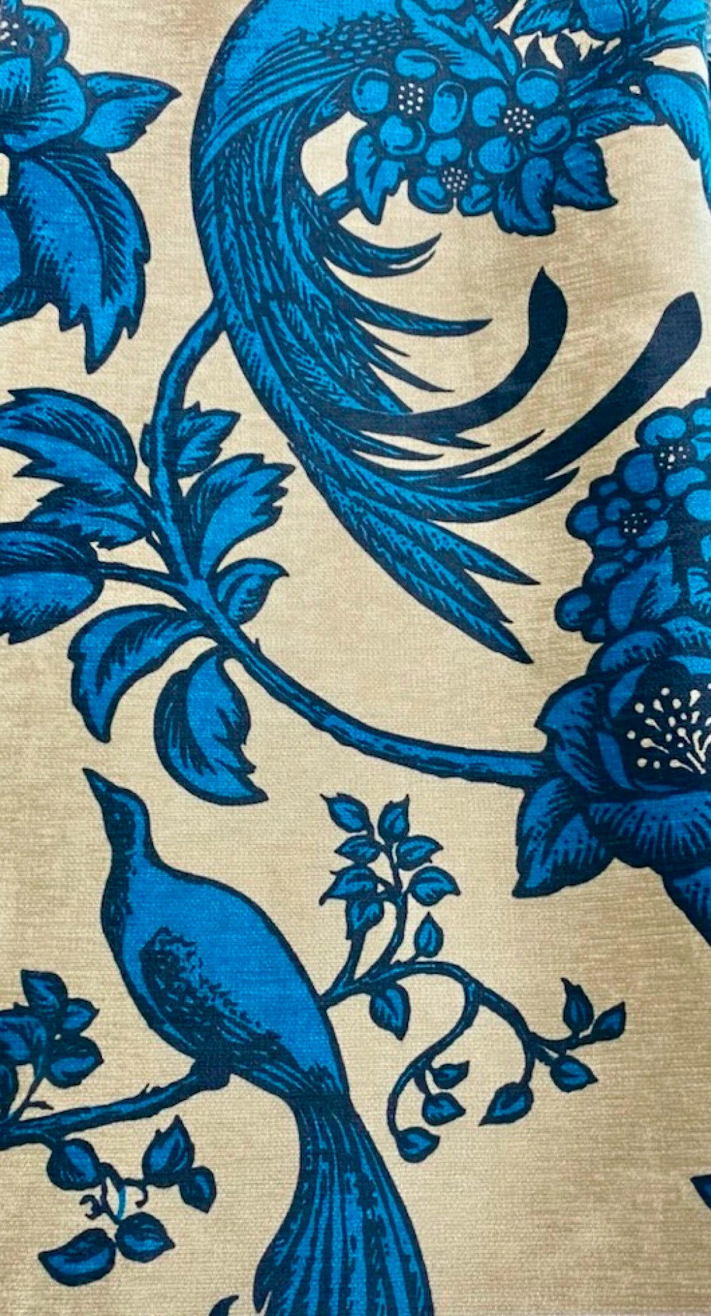 Birds of Paradise print on silk and linen blend fabric.  Designed by Florence Broadhurst in Sydney, Australia and produced by My Paloma in Lima Peru