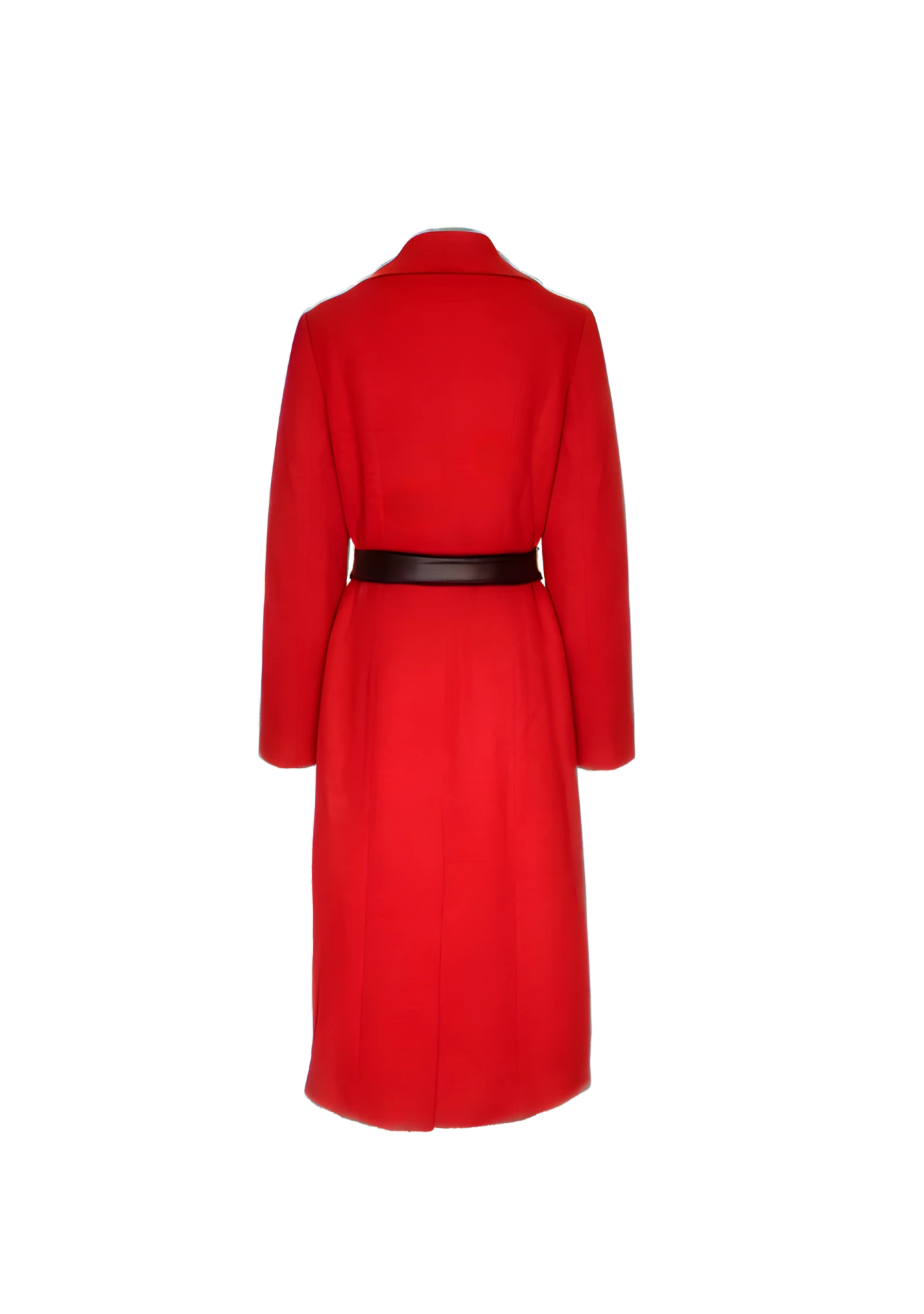 ack of the Mia Belted Coat in bright crimson, styled in Tokyo, Japan – bold minimalism meets classic structure by My Paloma.