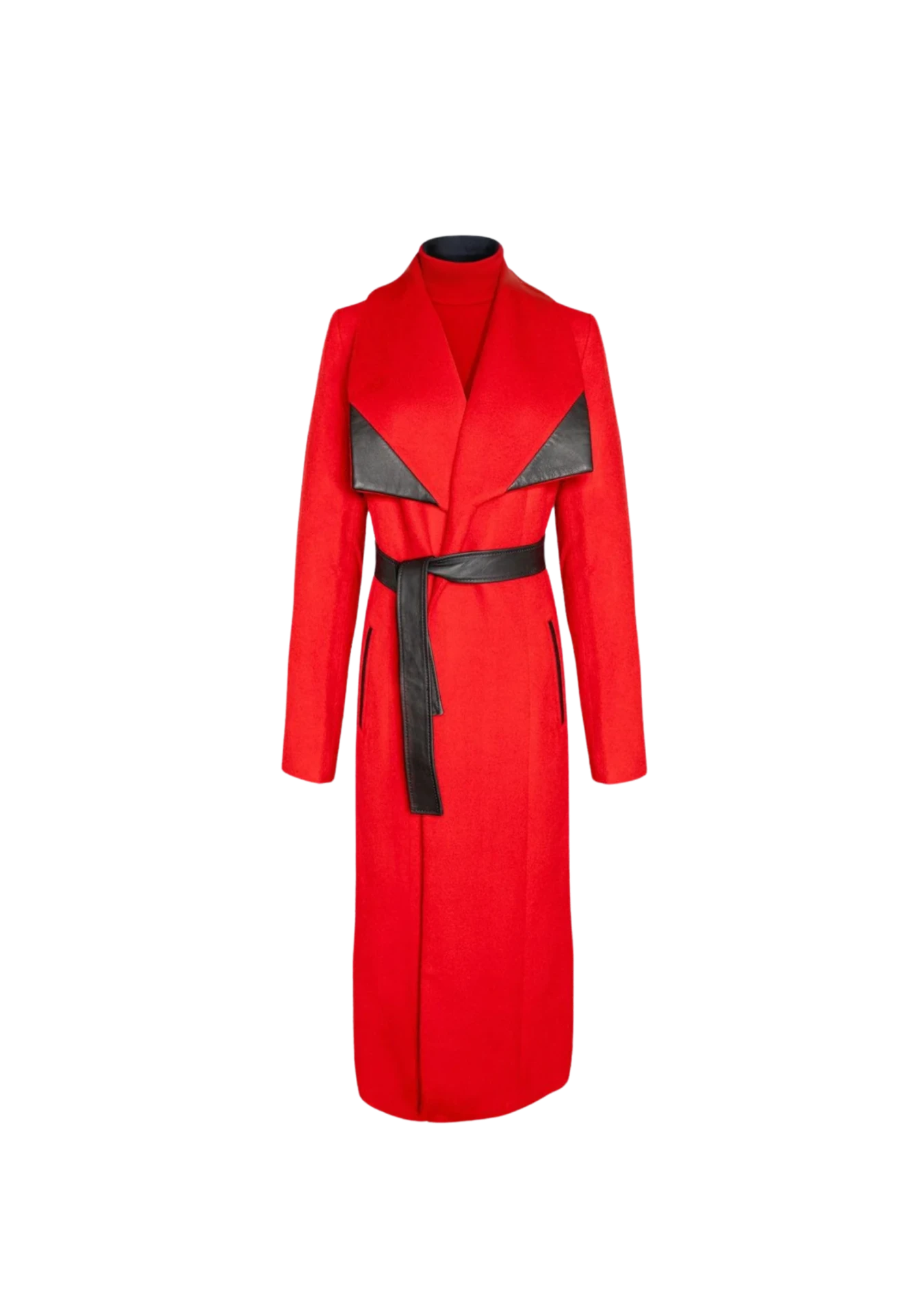 Front of Mia Belted Red Coat with black belt and sharp lapels, photographed in New York City – slow fashion elevated by My Paloma.