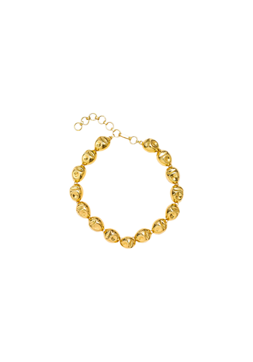 Handcrafted gold-plated brass necklace featuring a series of polished spherical beads and a hook closure with adjustable length chain.