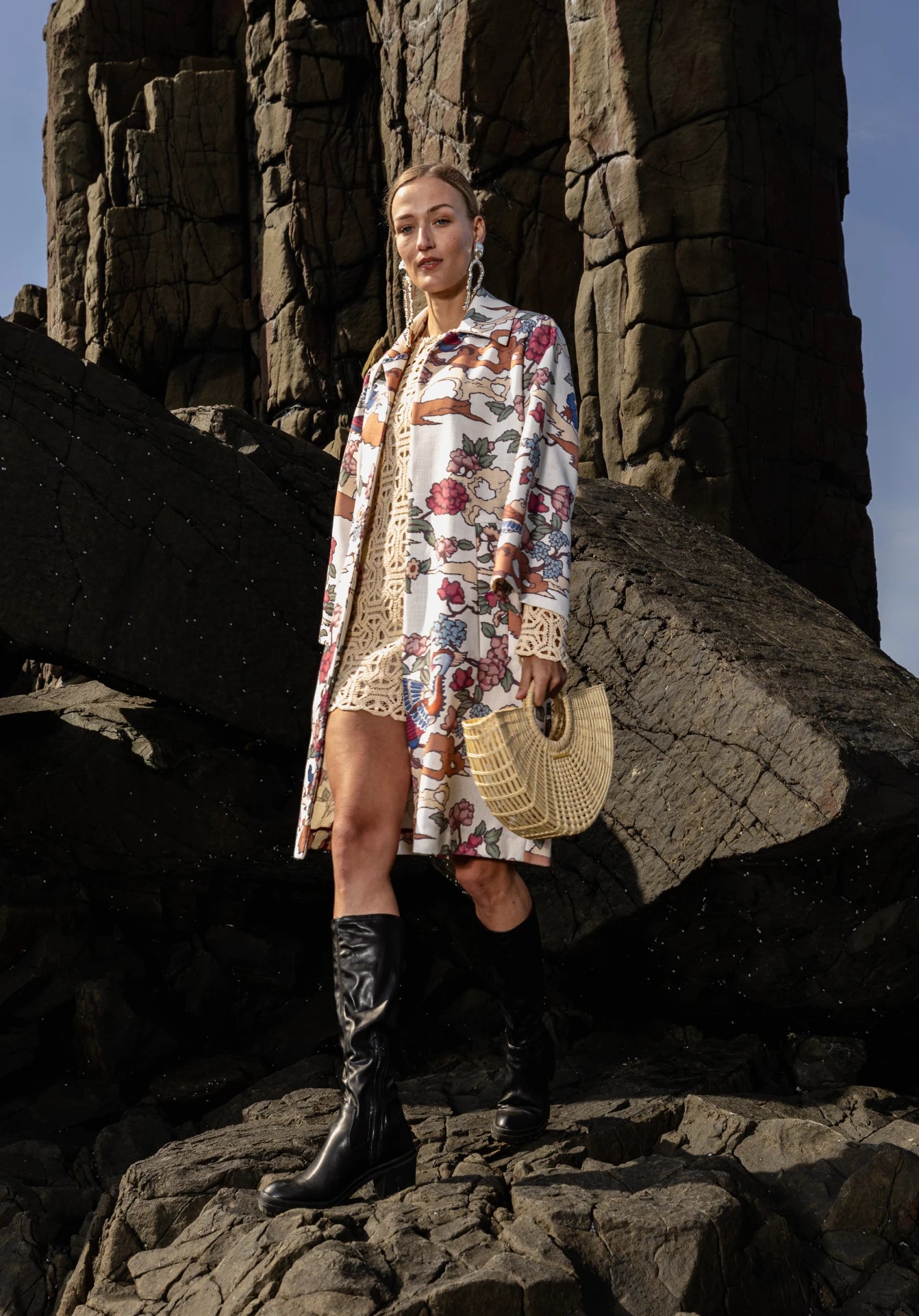 Front of the Phoenix Kimono with peach and green bird motifs, photographed in Lisbon, Portugal – cultural craftsmanship by My Paloma print by Florence Broadhurst.