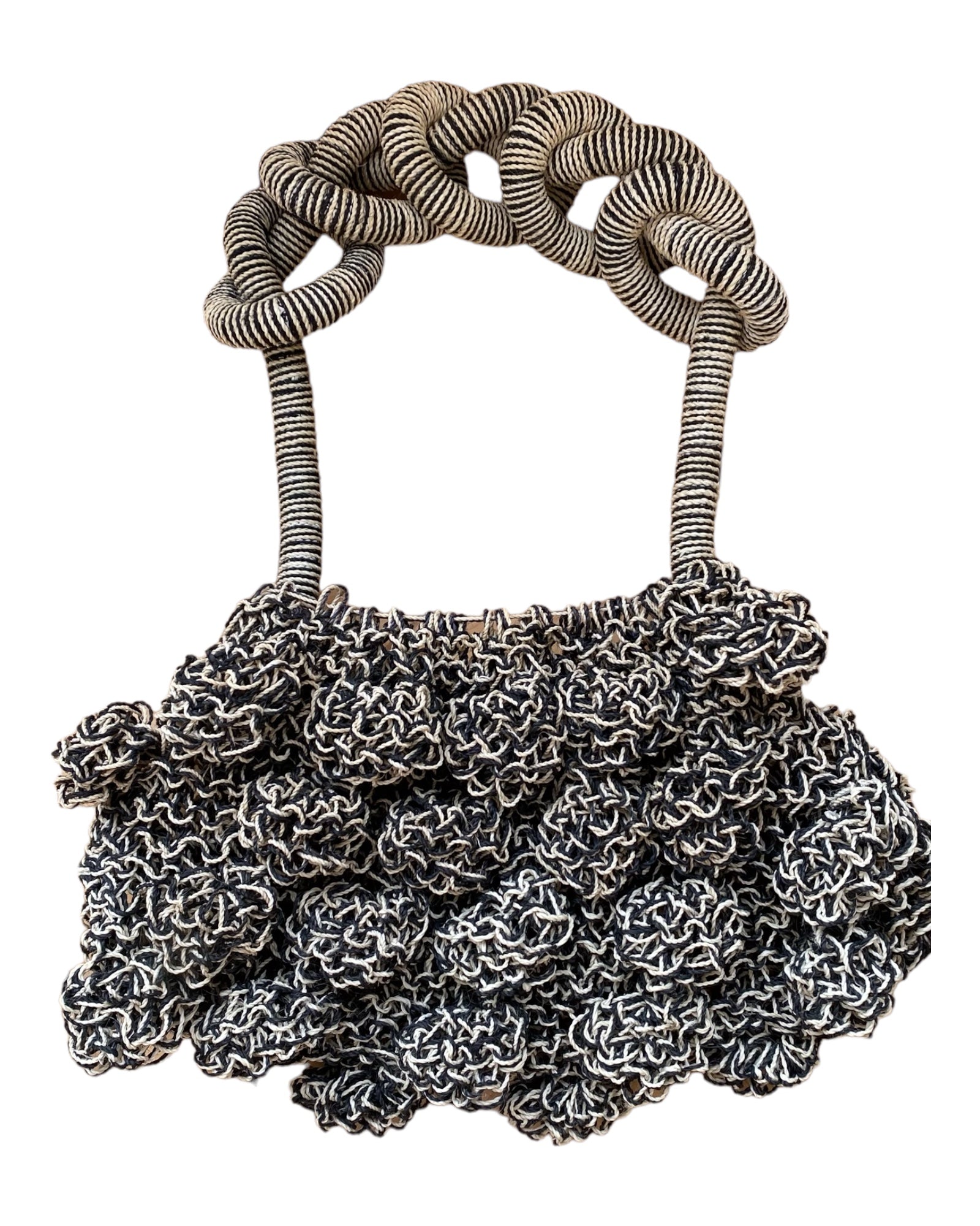 My Paloma Ameba Mesh Bag in grey, hand-knotted with artistic flair, photographed on white for clean contrast.