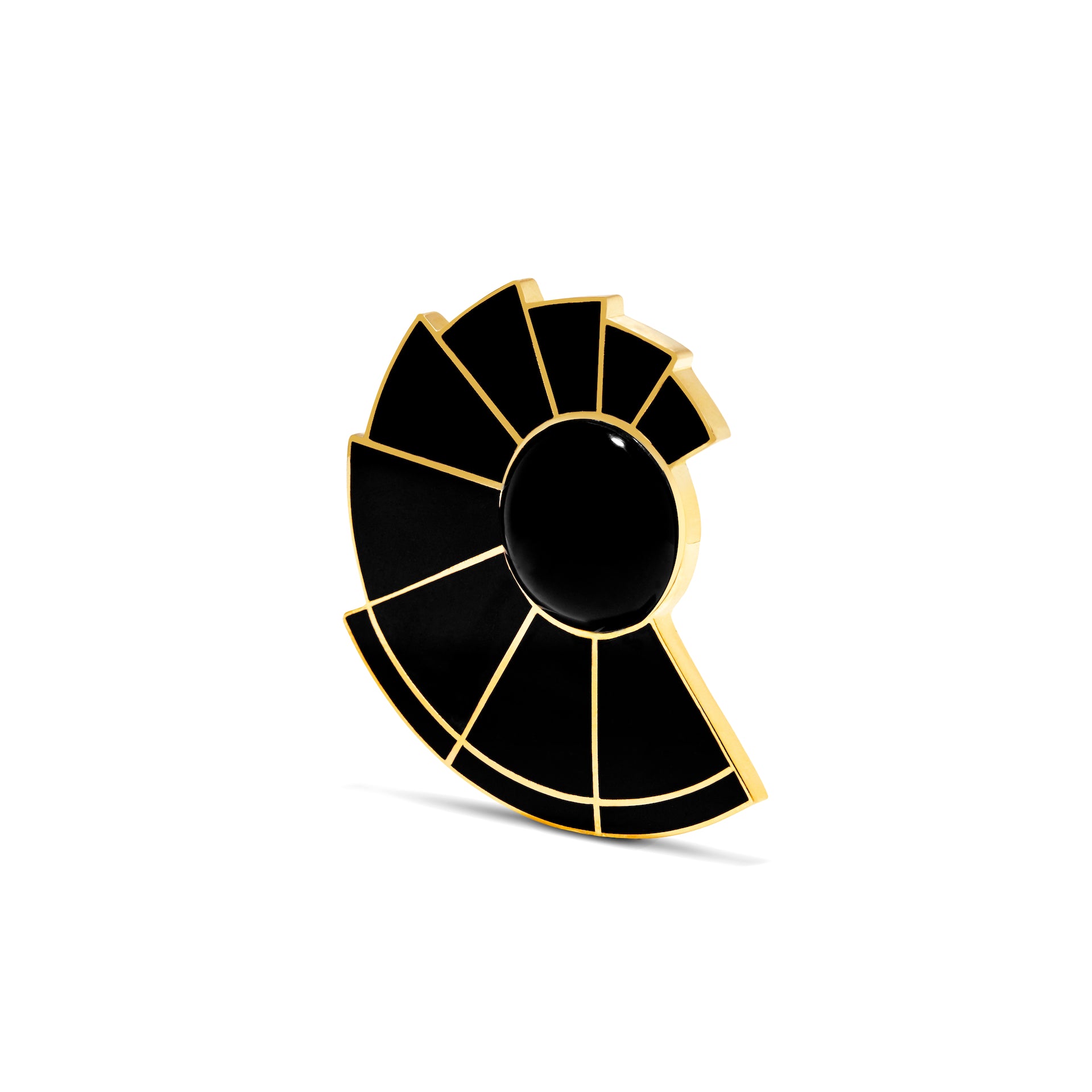 Side view of black onyx and gold-plated earrings, revealing intricate panel design and reflective contrast between matte stone and polished metal.