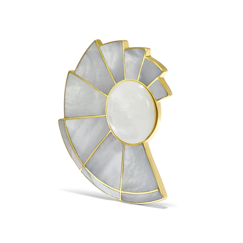 Side profile view of radiant mother of pearl and gold-plated brass earrings, showcasing intricate inlay and dimensional design.