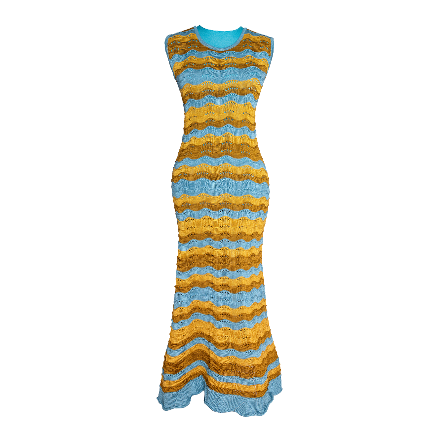 Front-facing view of the Paloma Scalloped Dress laid flat, featuring a jacquard-knit texture with wave-like patterns in nostalgic blue, ochre, and mustard tones, finished with a scalloped hem.